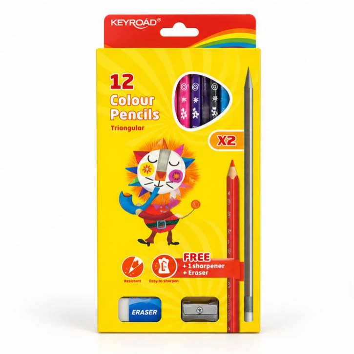 KEYROAD Triangular Colour Pencils - 12, with Sharpener
