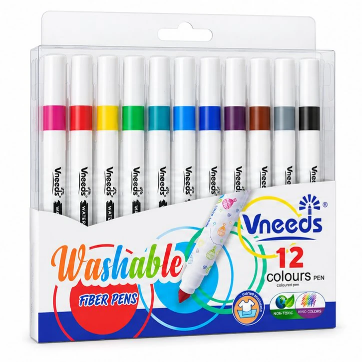 Vneeds Washable Fiber Pens - 12 Colours